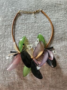 Statement Floral Resin Pendant Necklace in Green, Purple, Pink and Black